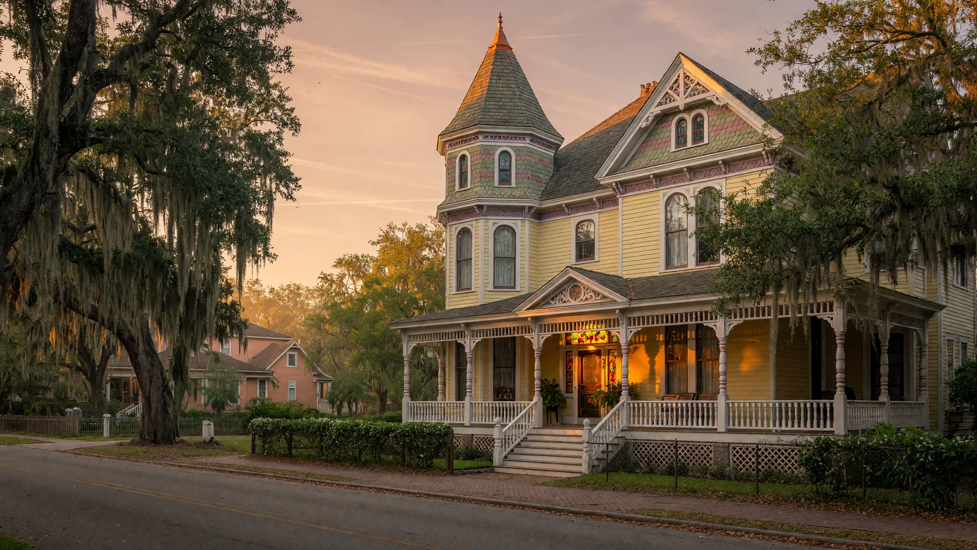 A golden-hour view of a Queen Anne Victorian home in Pensacola with an octagonal corner turret, fish-scale shingle gables, and a wraparound porch with gingerbread trim.