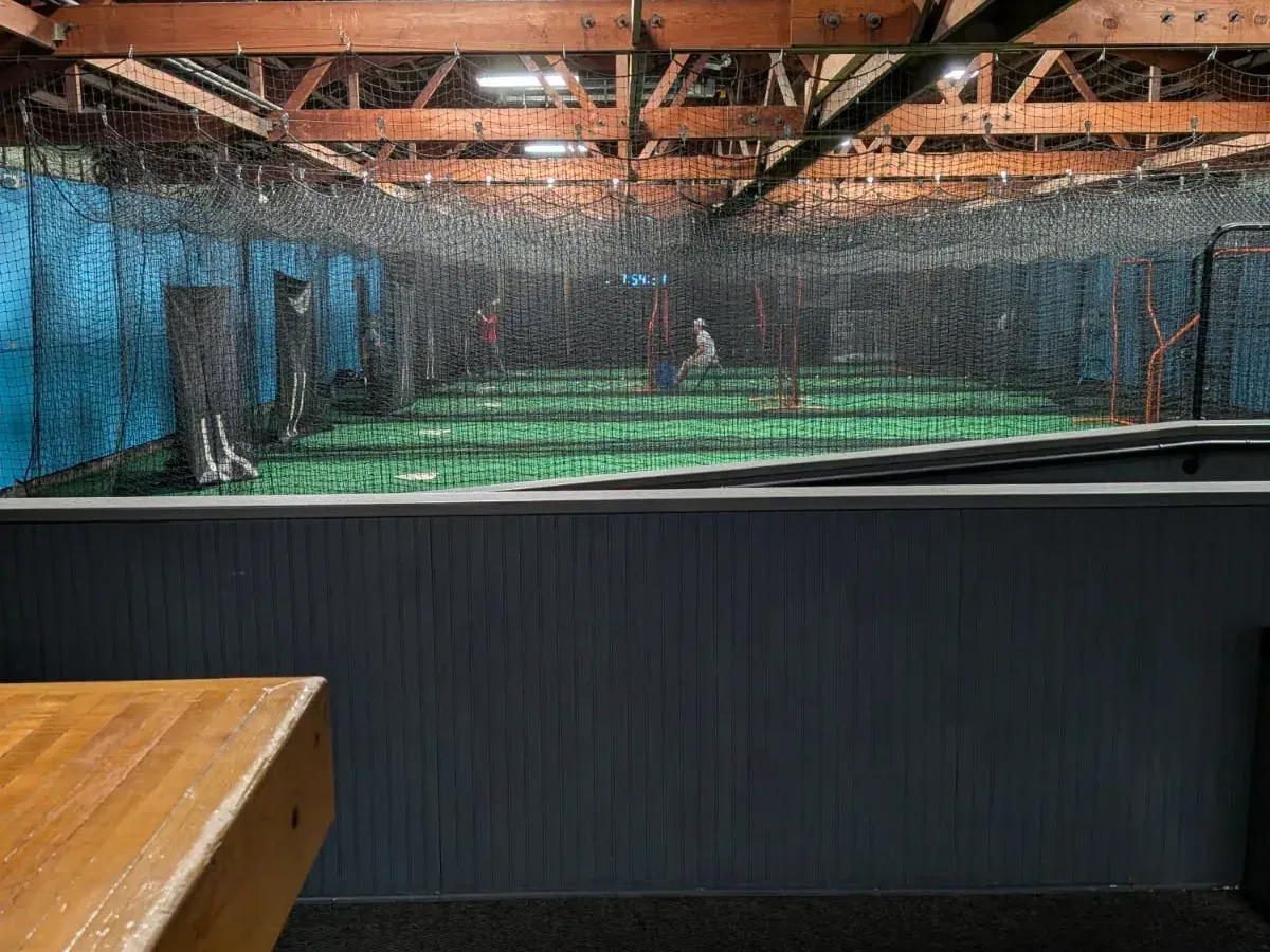Clean indoor batting cage with white netting, turf floor, pitching machine, and a bucket of baseballs at Batter's Alley
