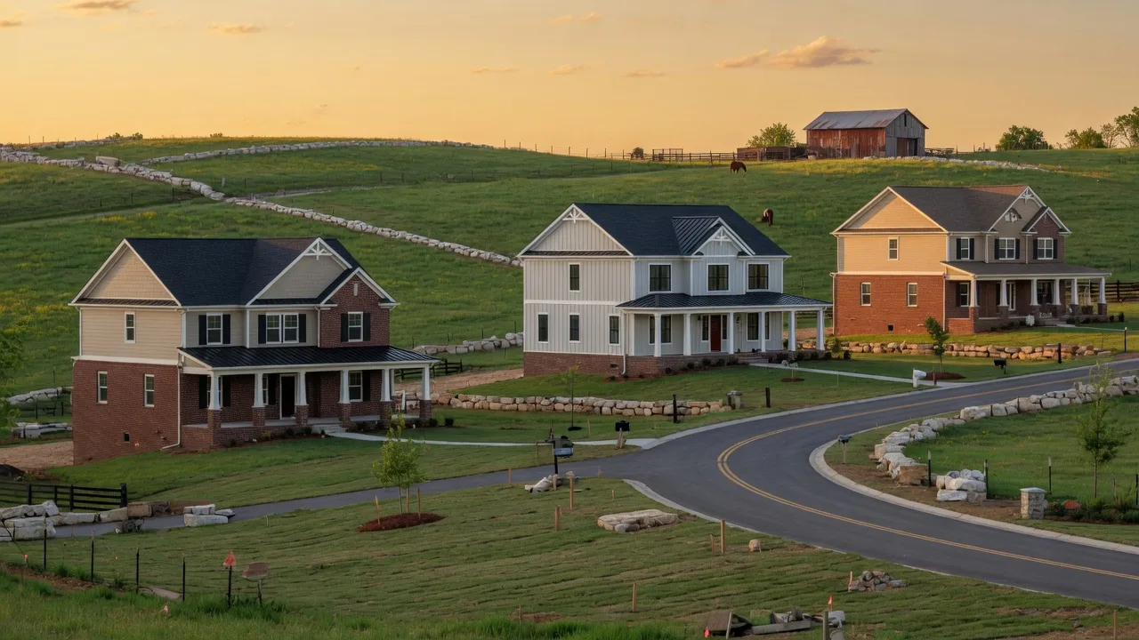 New construction craftsman and farmhouse homes in Nicholasville, Kentucky's Bluegrass horse country with rolling green pastures and limestone fences