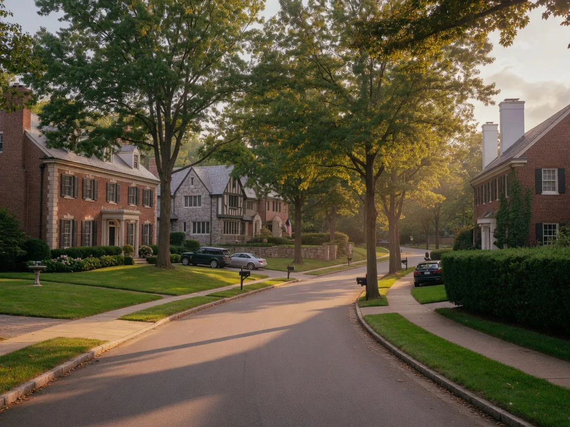 A quiet street of upscale homes in Bethesda, Maryland in warm evening light
