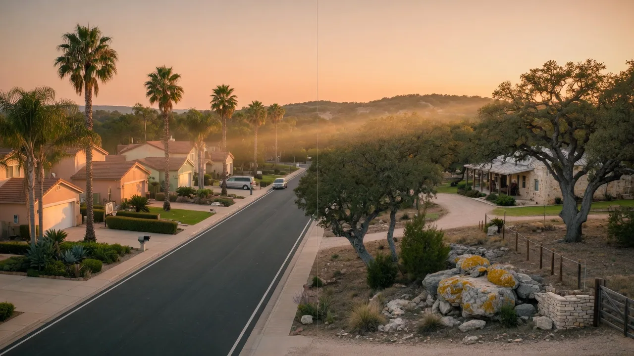 Side-by-side visual comparison of a California suburban street with palm trees and a Texas Hill Country property with live oaks and limestone, golden hour lighting