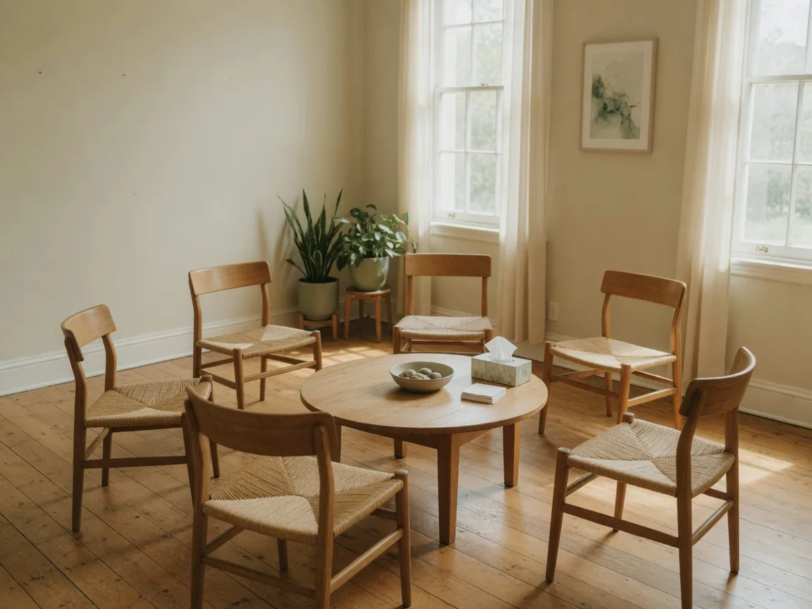 A bright therapy room with a welcoming circle of wooden chairs around a low table, soft daylight from tall windows