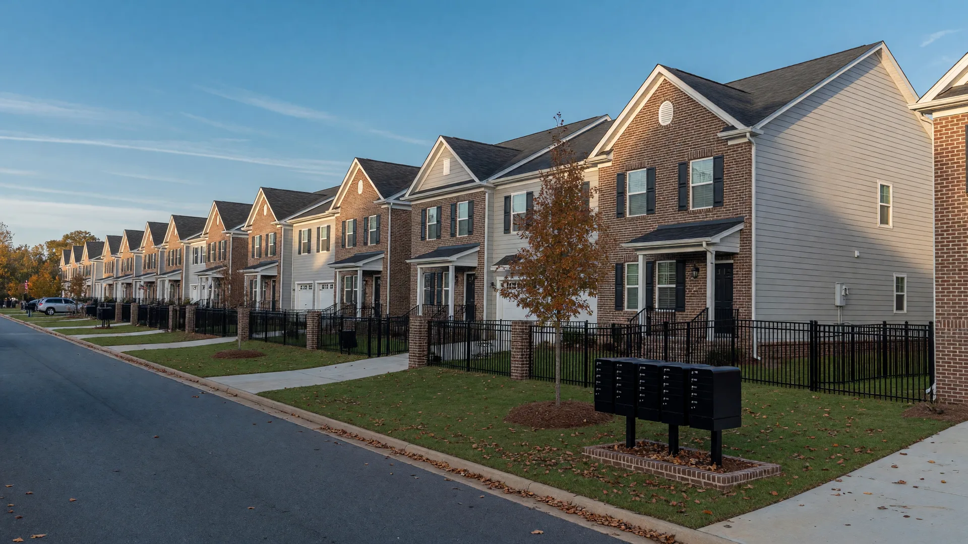 A tidy row of matching brick-and-siding townhomes in a Metro Atlanta HOA community on a clear autumn afternoon