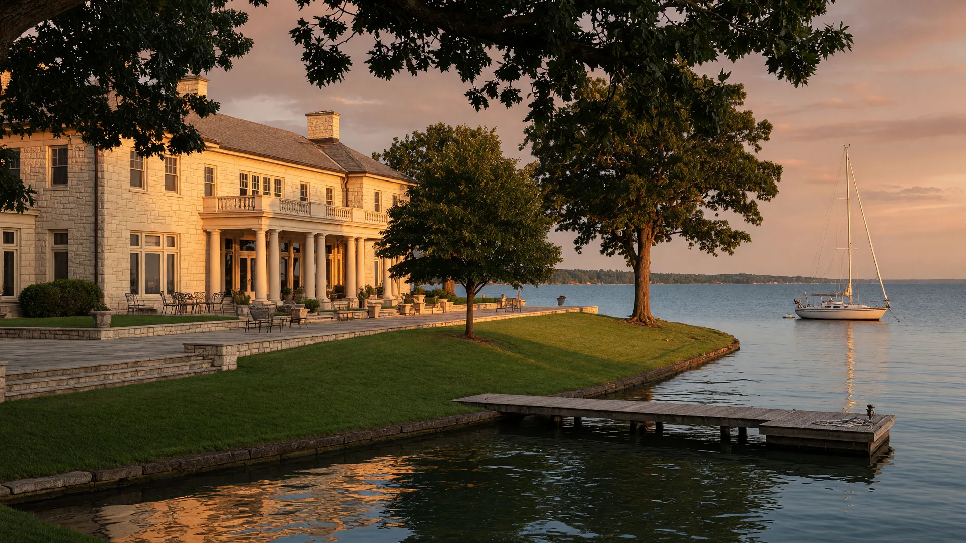 Elegant lakefront clubhouse and venue on the Lake Erie shore at golden hour