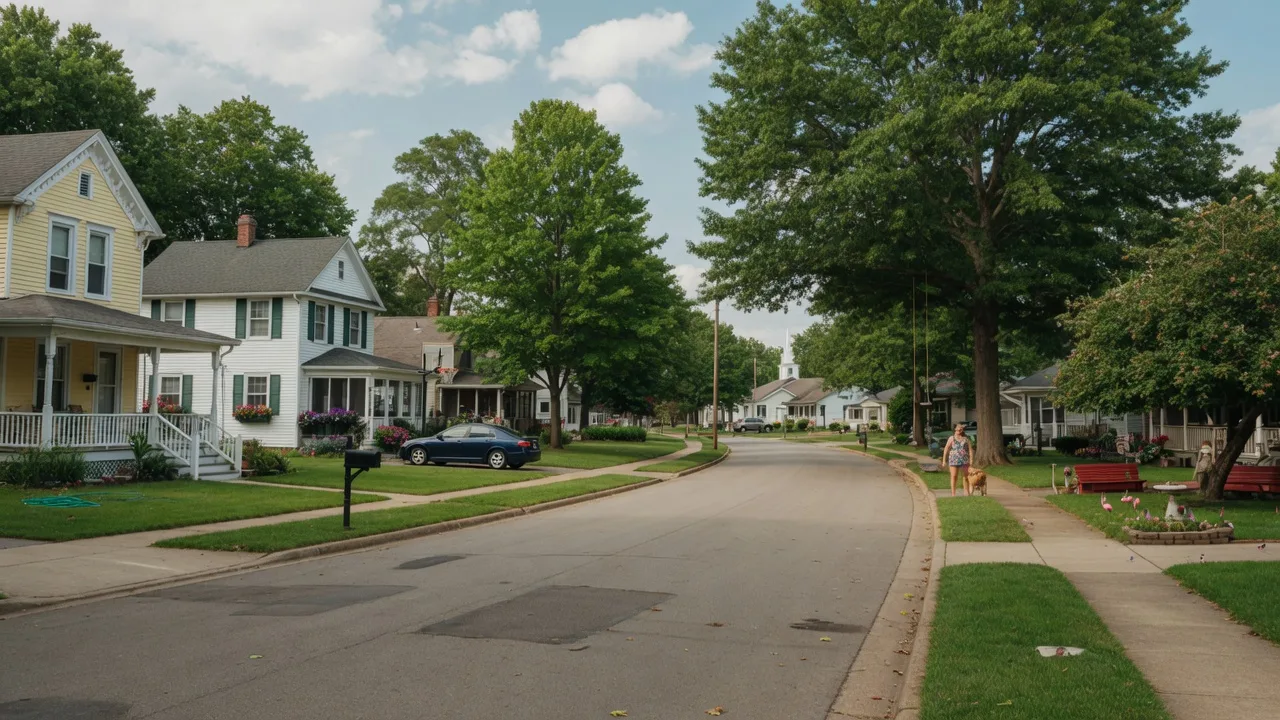 Quiet residential street in Grafton, Ohio with mature trees and well-maintained homes on a sunny summer afternoon