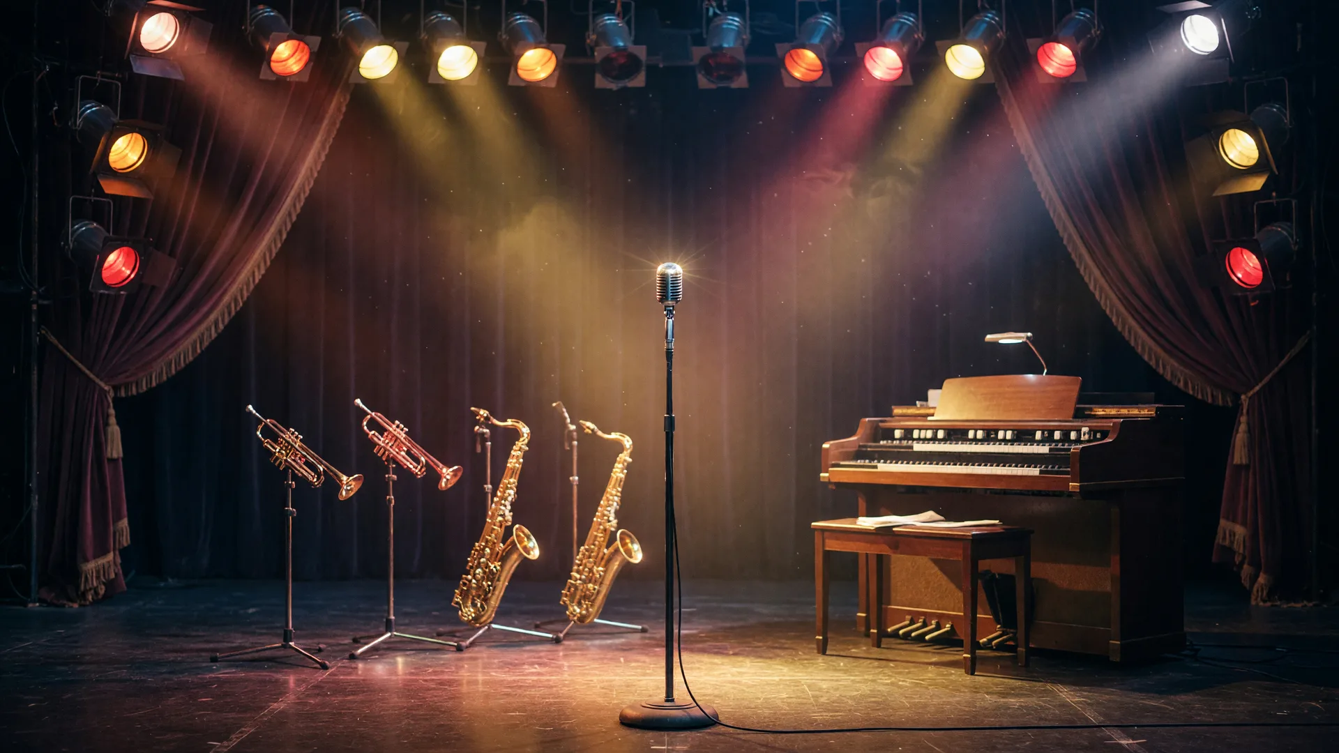 A classic Motown-style stage with a vintage chrome microphone under warm gold and red spotlights, brass horns and an organ in shadow, and maroon velvet curtains