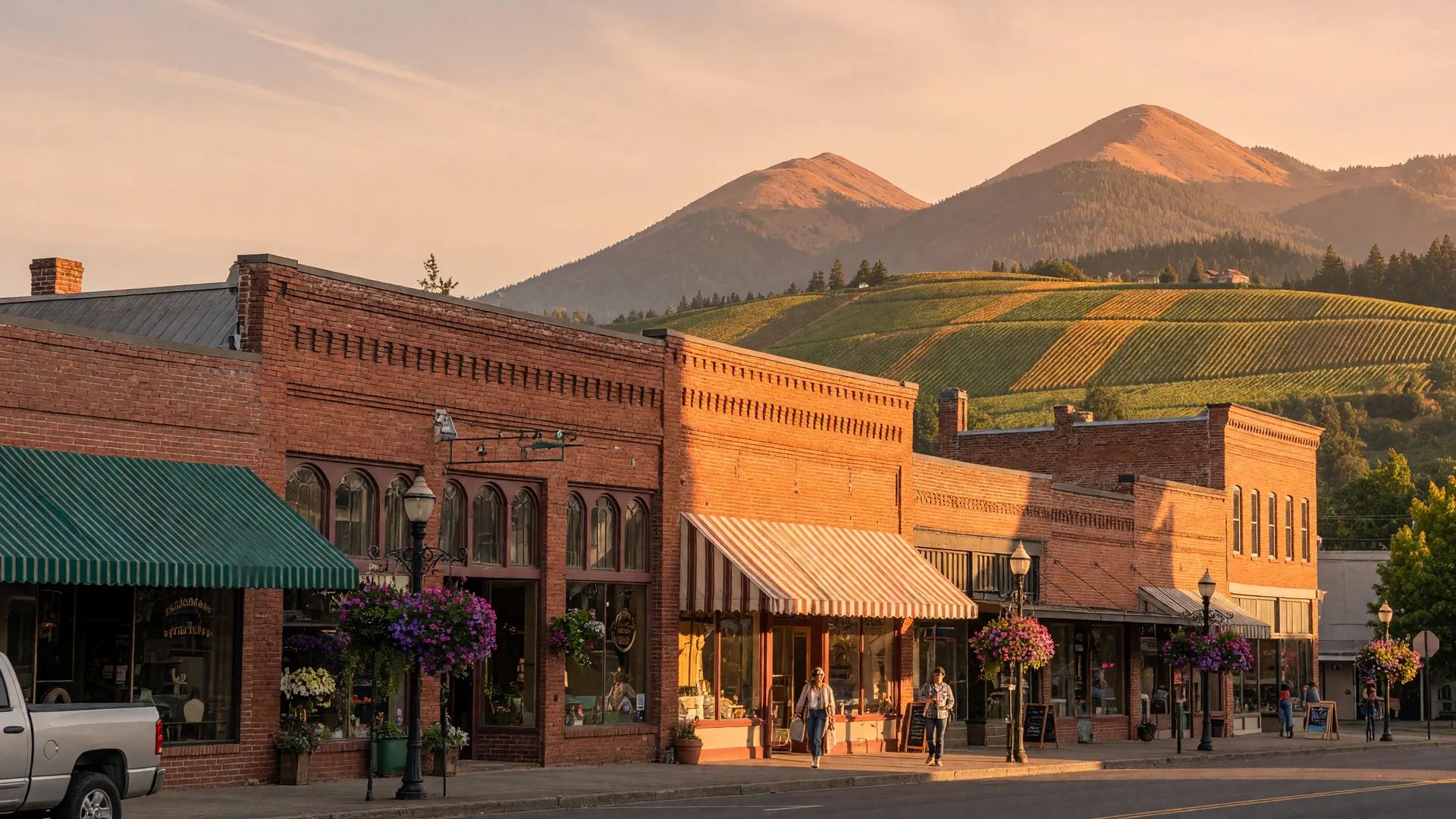 Downtown Newberg's First Street at golden hour with the Chehalem Mountains behind the rooflines