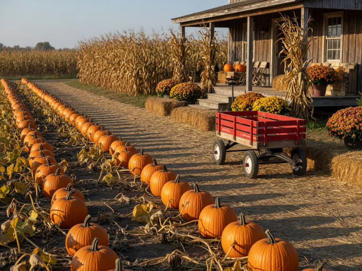 Rows of orange pumpkins in a family farm patch on an October morning, with a red wagon on a straw-lined lane and golden corn stalks near the farm store