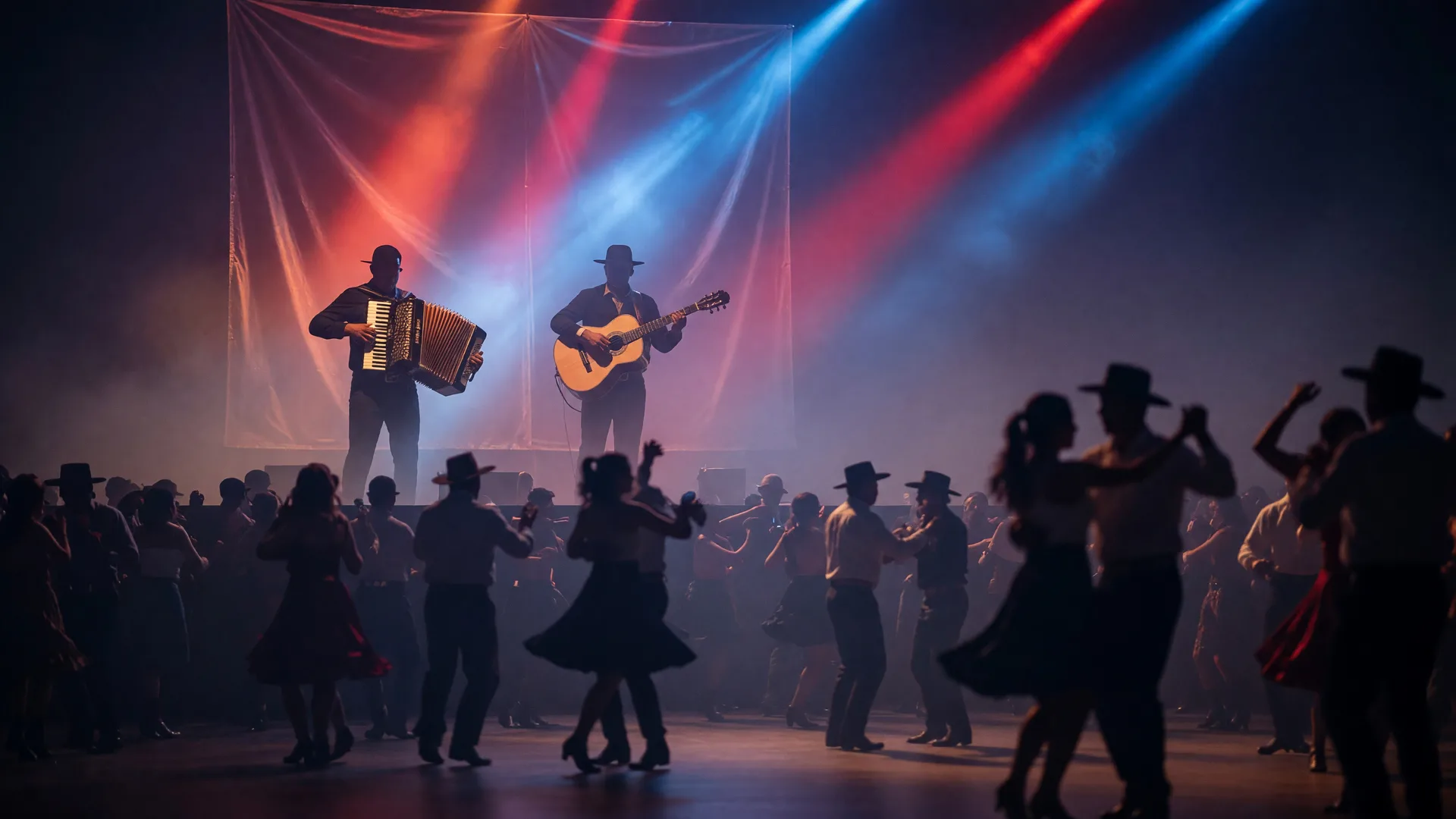 A norteño band silhouetted on an event center stage with red and blue stage lights and a distant dancing crowd