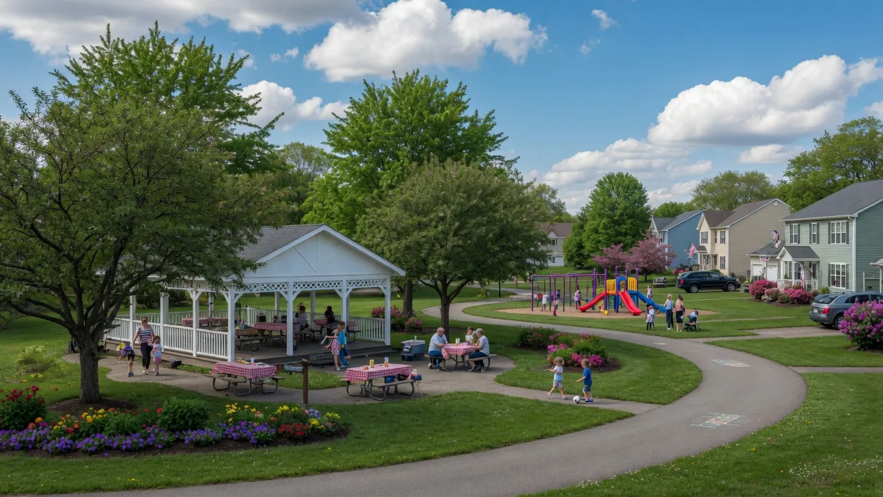 A leafy neighborhood park with a white pavilion and walking loop in Hilliard Ohio