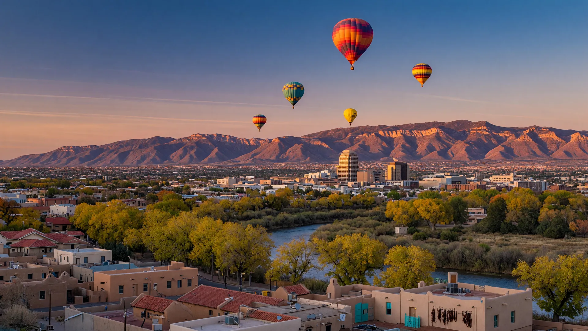 Albuquerque skyline at golden hour with the Sandia Mountains glowing pink and gold and hot air balloons drifting in a clear October sky