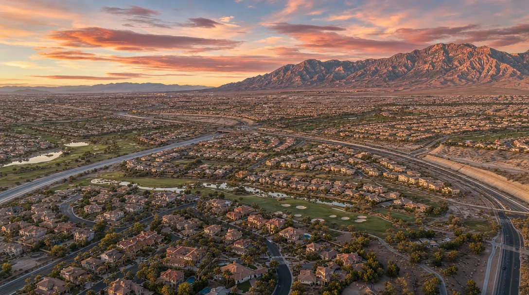 Aerial view of Southwest Las Vegas master-planned communities at golden hour with the Spring Mountains in the distance, showing multiple neighborhoods spread across the desert