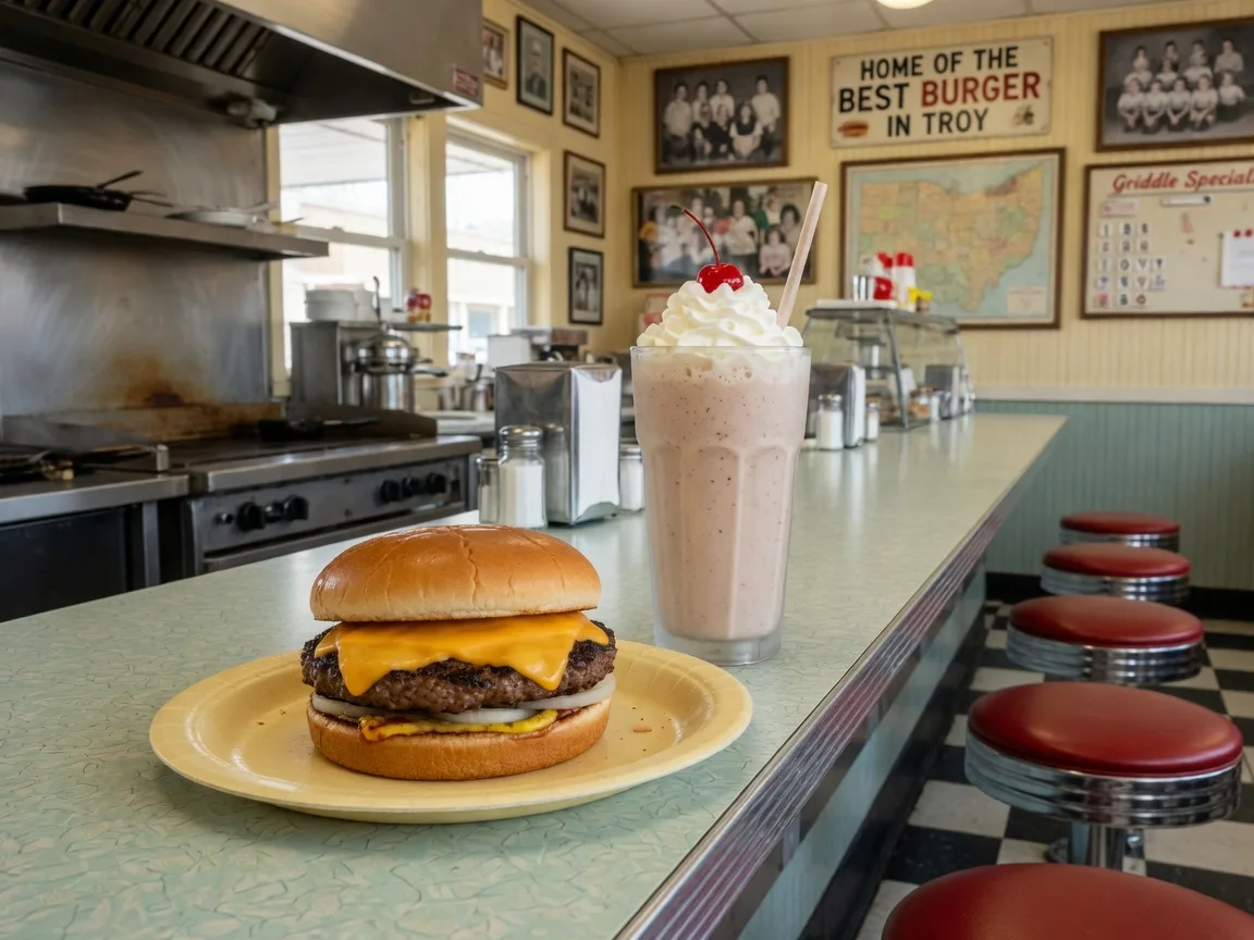 The vintage counter of K's Hamburger Shop in Troy, Ohio, a griddle-grilled cheeseburger and a tall frosted malted milk shake on a chrome and Formica counter with red vinyl stools, warm nostalgic mid-century diner lighting with the checkered floor softly blurred behind