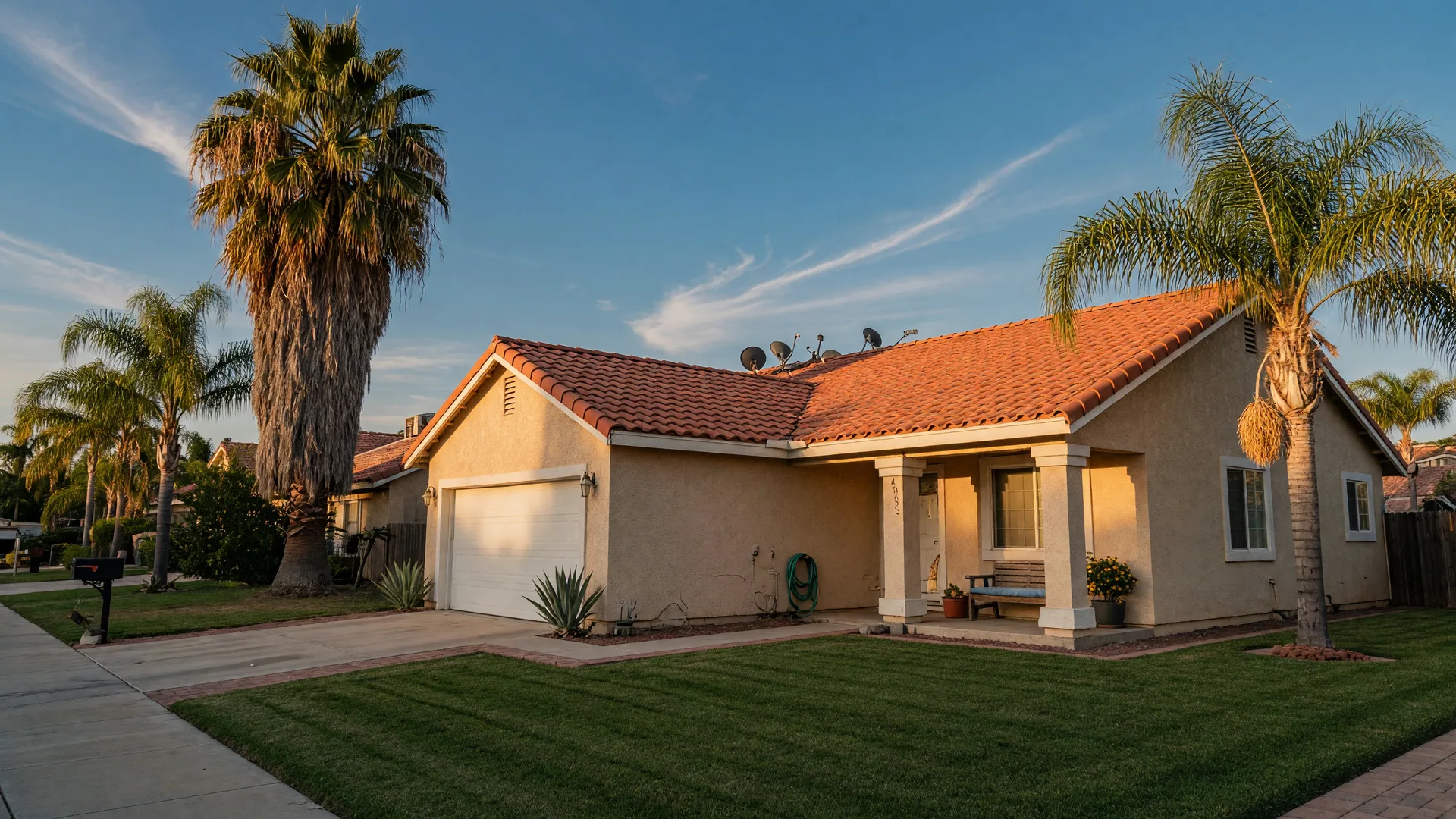 A welcoming single-story suburban home with a red tile roof and palm trees under a clear California sky