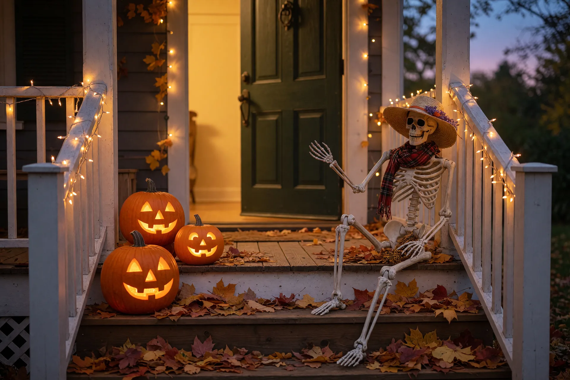 A cozy Halloween front porch display with pumpkins, gourds, and warm welcoming lights