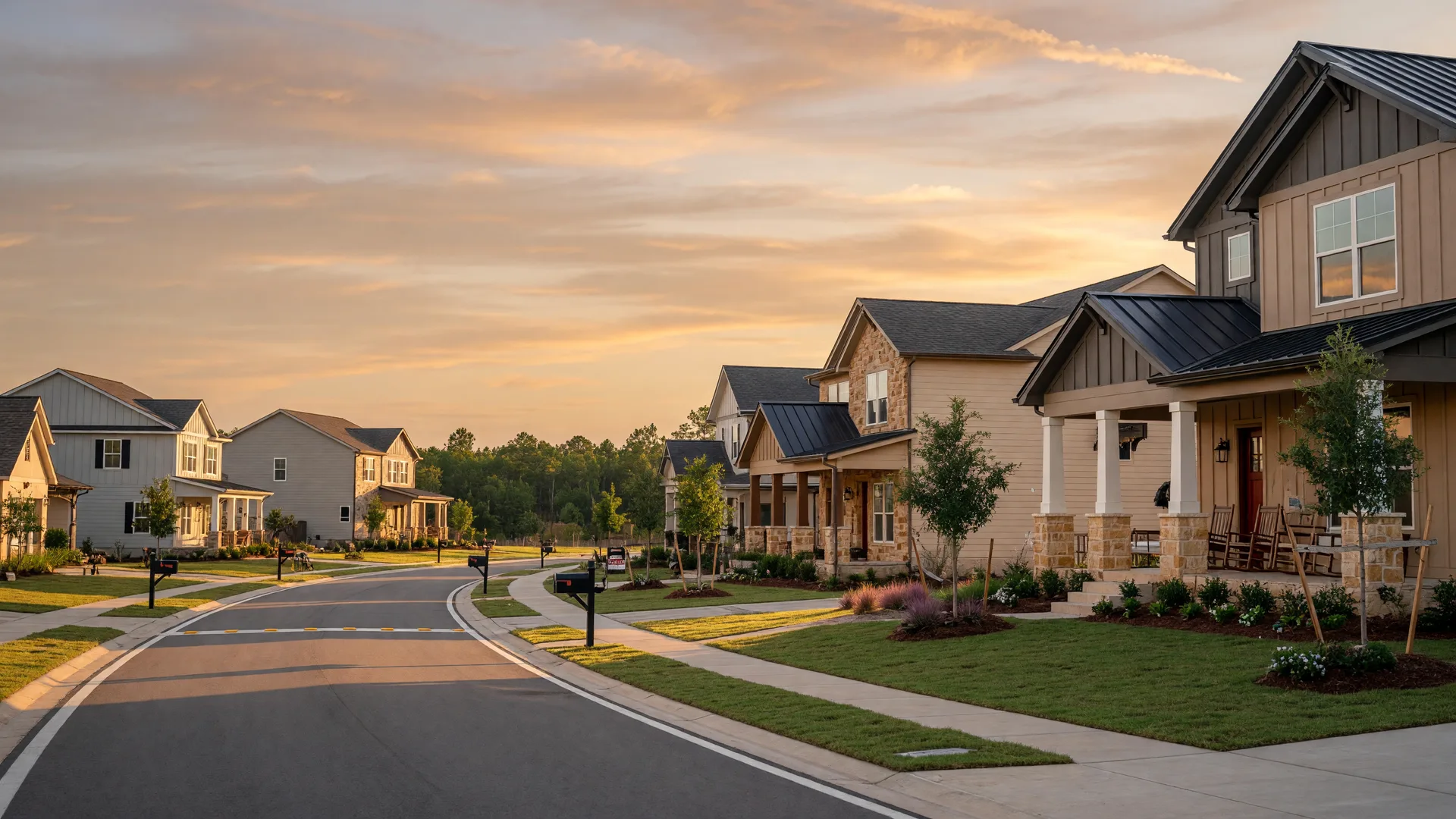 Brand-new modern homes in a master-planned community in Paris, Texas with golden sunset light