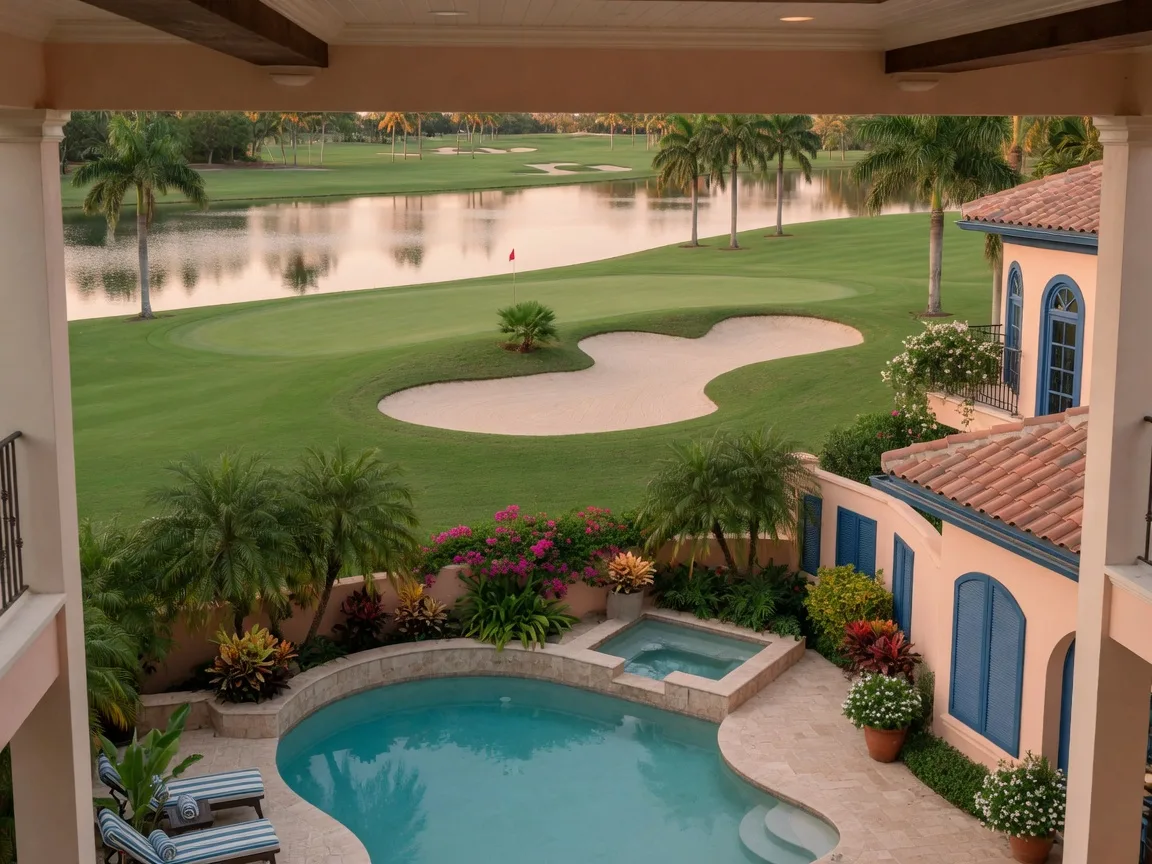 Luxury backyard in a Naples, Florida golf community with a resort-style pool and lanai overlooking a manicured emerald fairway, sand bunker, royal palms, and a calm lake in late afternoon light