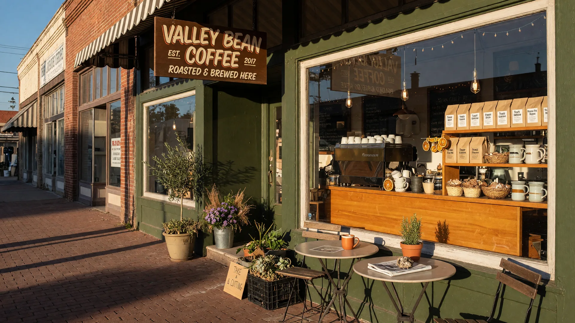 A warm editorial photograph of an independent specialty coffee shop on Turlock's Main Street on a bright autumn morning, a hand-lettered sign above the door, cafe tables and potted plants on the brick sidewalk, golden October light, and a cozy wood-and-Edison-bulb interior visible through the plate-glass window