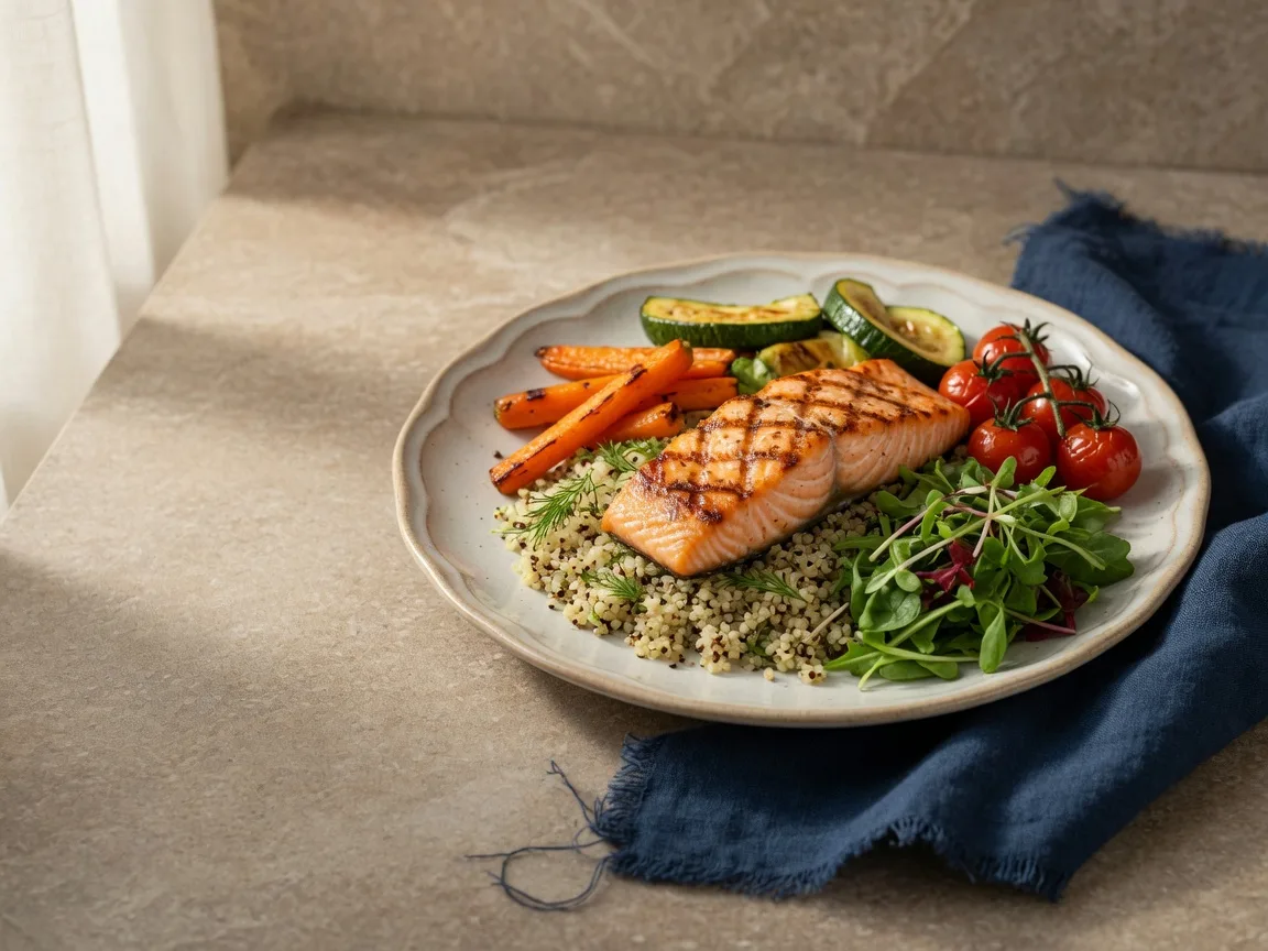 A healthy meal of grilled salmon, vegetables and greens on a light ceramic plate