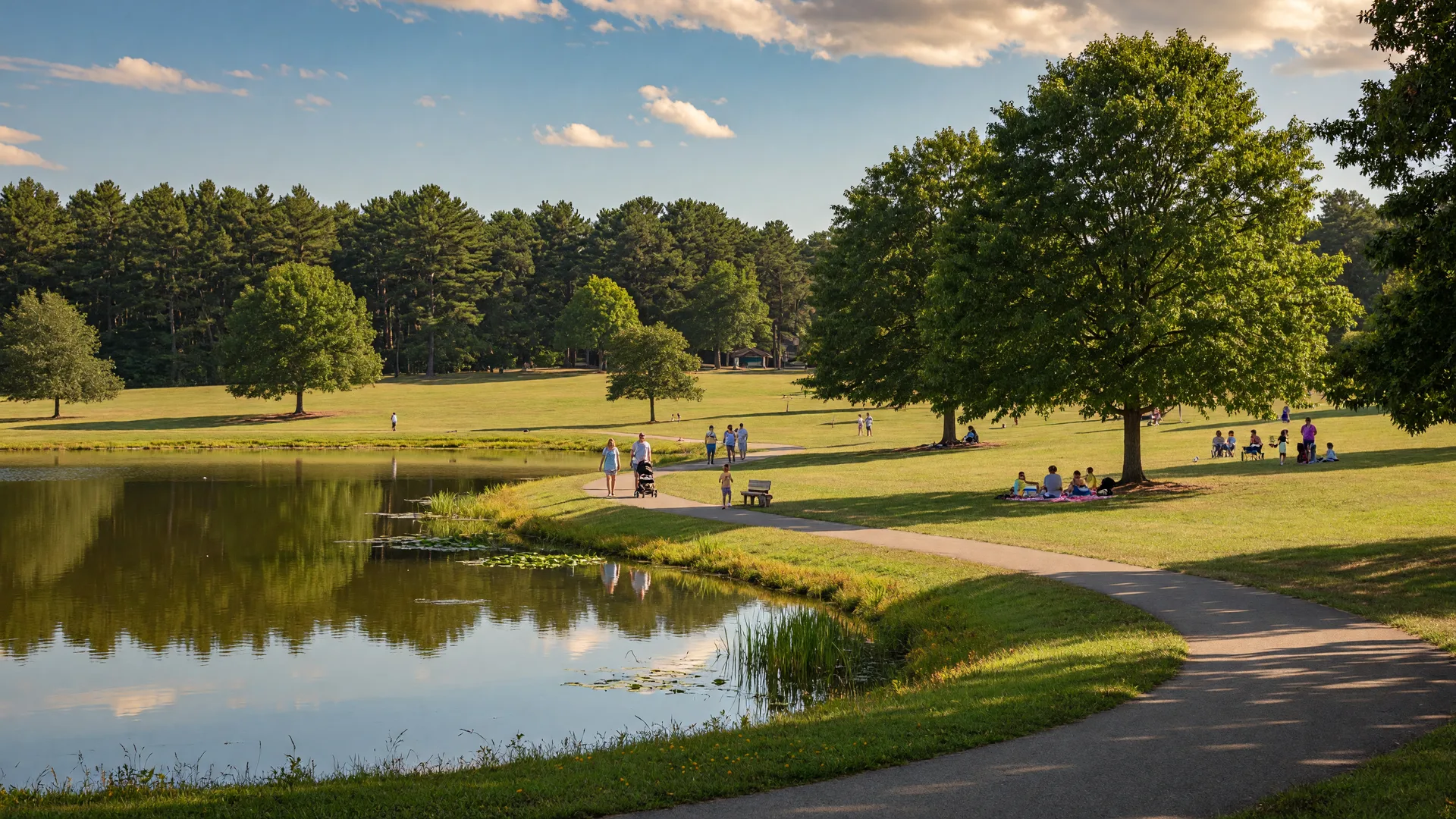 A serene community park in Medford, New Jersey on a sunny afternoon, with a calm pond, mature trees, a paved walking path, and Pine Barrens pines at the edge