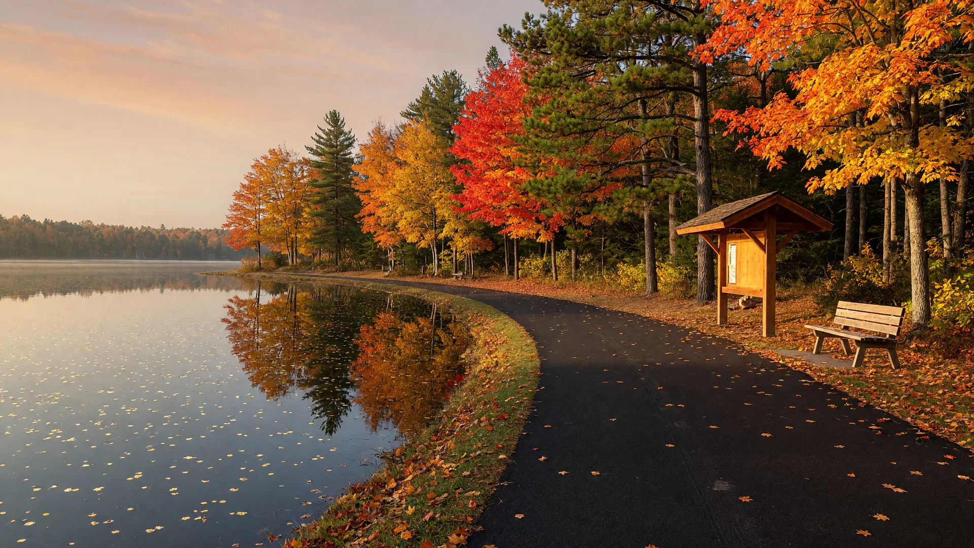 Paved multiuse trail curving along Gull Lake's north shore with a wooden trailhead kiosk and autumn trees