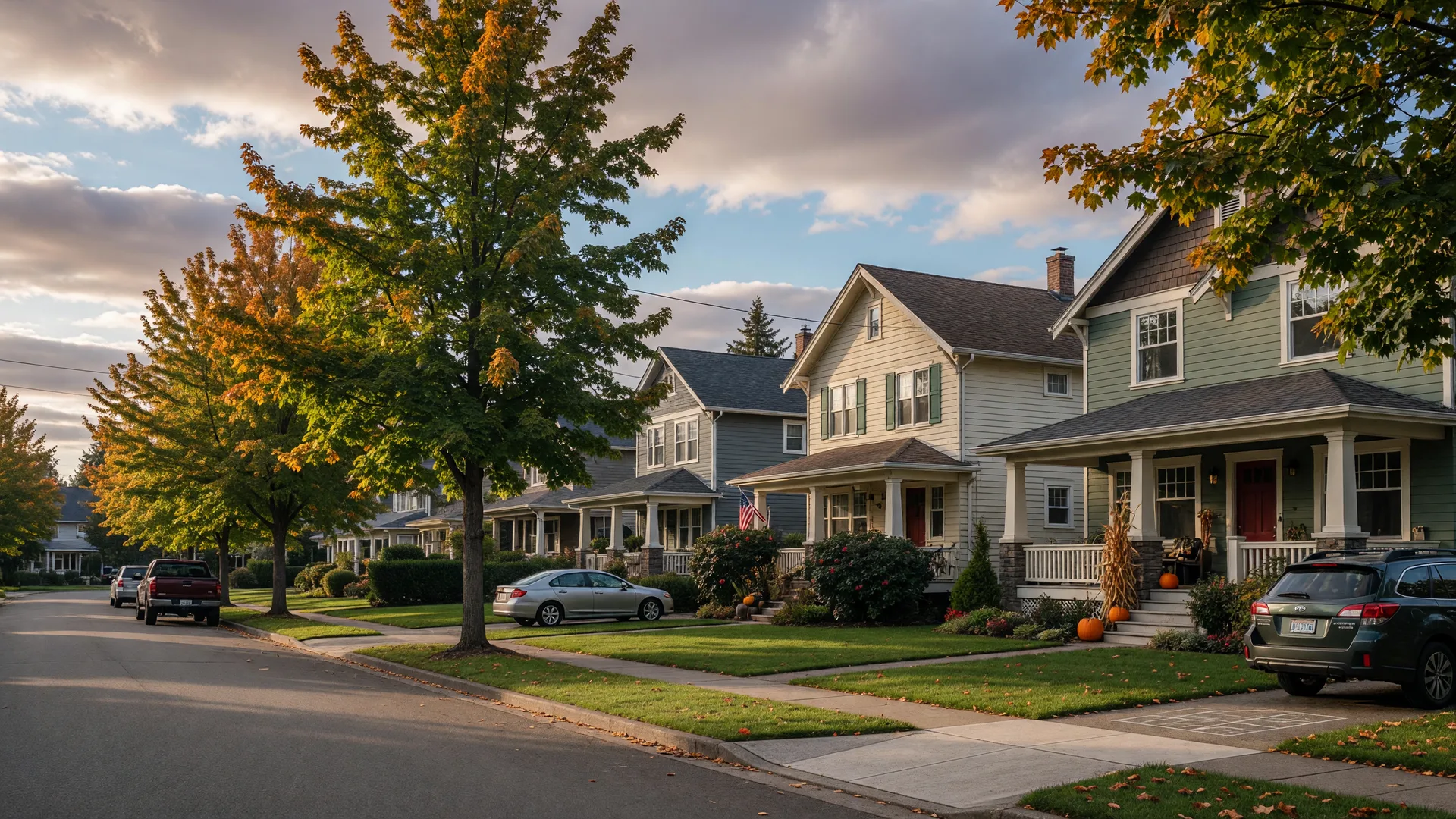 Tree-lined suburban street in the Pacific Northwest with gold and amber autumn leaves on a crisp September morning