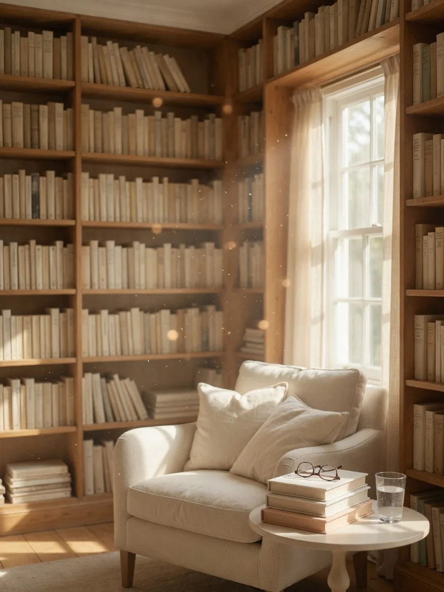 A warm home library with honey-toned bookshelves and a linen armchair by a tall window