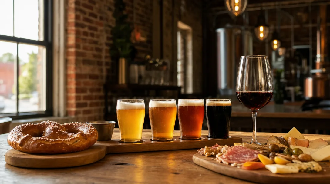Craft beer flight and wine glasses on a rustic wooden table at a Michigan brewery