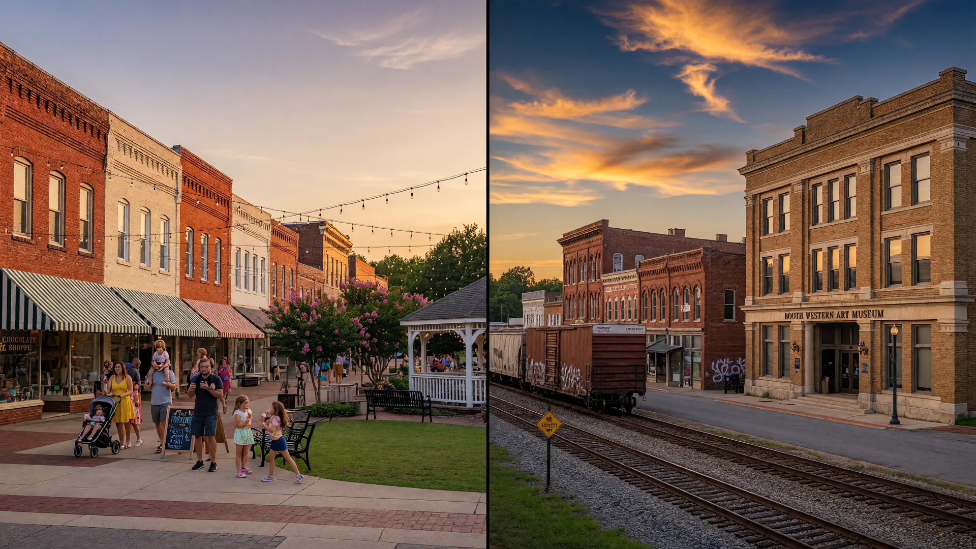 Split scene: Woodstock's walkable downtown Main Street with string lights on the left and Cartersville's historic brick downtown with railroad tracks on the right