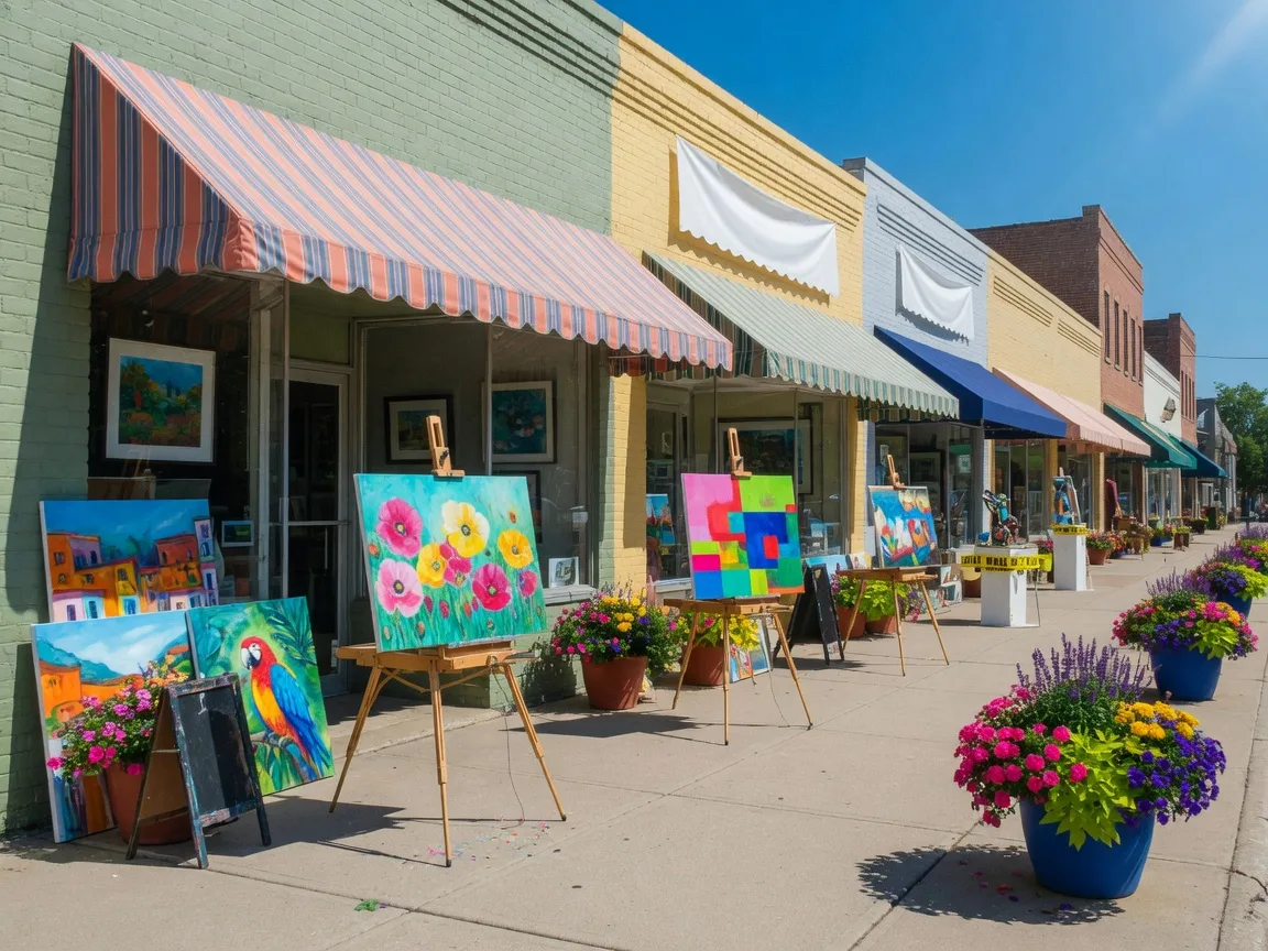 Gallery storefronts and sidewalk easels along the Wimberley Art Crawl route