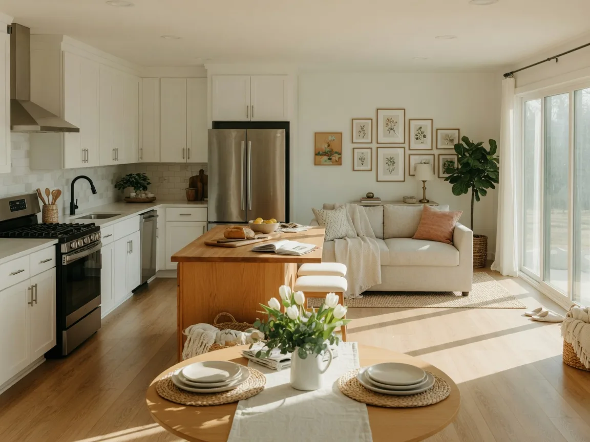 A bright open-concept kitchen and living area in a Tulsa Metro home, staged and ready for showings