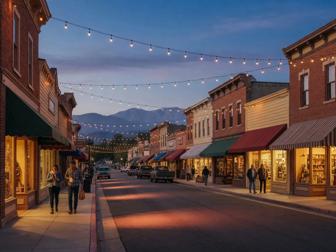 Old Town Newhall Main Street storefronts at blue hour with string lights overhead