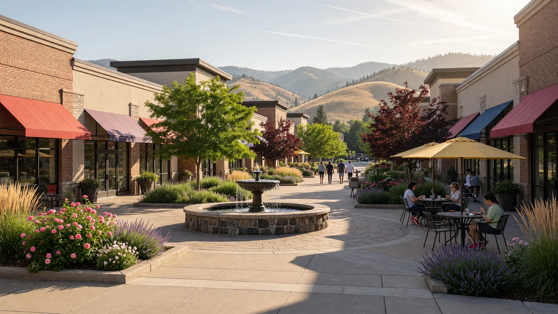 An open-air shopping promenade in Meridian, Idaho on a sunny afternoon with the foothills on the horizon