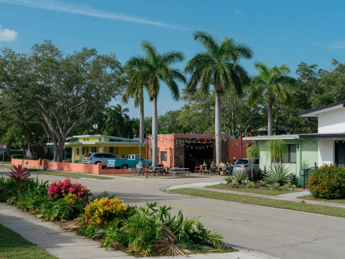 A leafy Oakland Park street with restored mid-century ranch homes and a corner craft brewery patio with festoon lights under oaks and palms