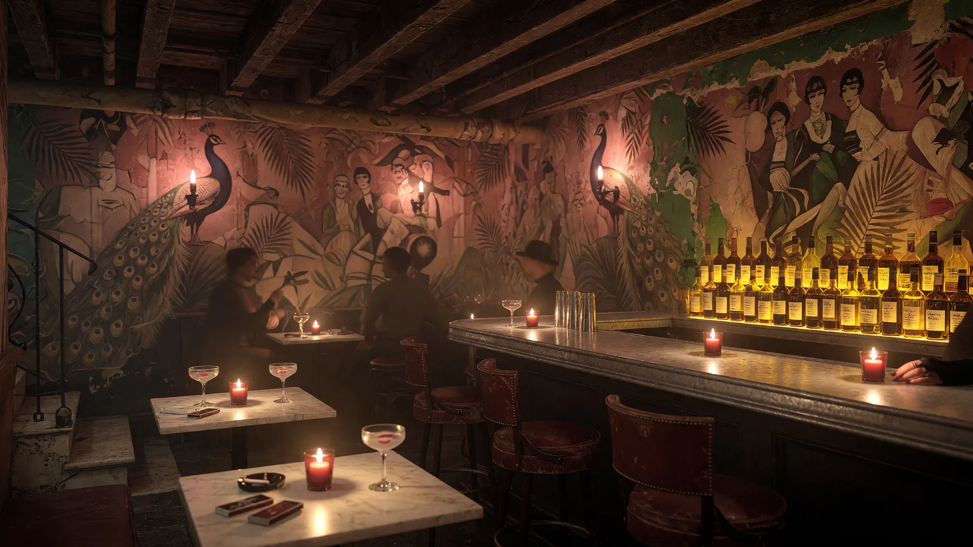 A candlelit basement speakeasy with hand-painted murals, a zinc-topped bar, amber bottle shelves, and low ceilings