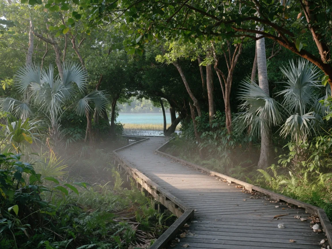 A quiet boardwalk nature trail winding through a tropical hardwood hammock in the Florida Keys in soft morning light, with ferns, silver palms, and a glimpse of salt marsh and water beyond