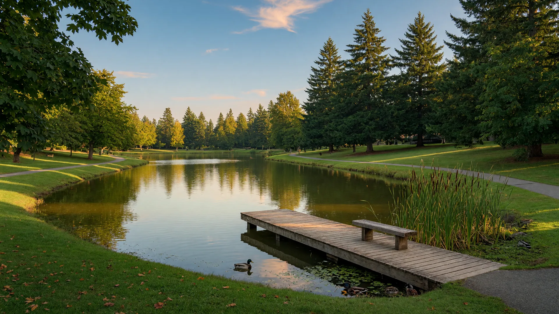 Bethany Lake Park with a fishing dock, lake and tall firs in late summer light