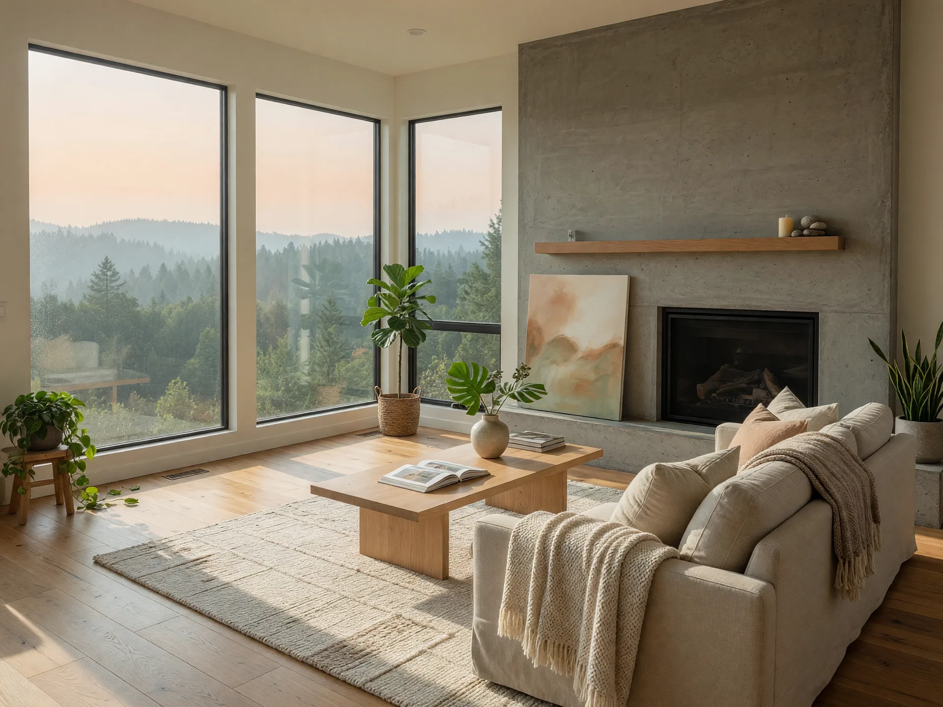 Bright modern living room with tall windows and oak floors in a Southern Oregon home