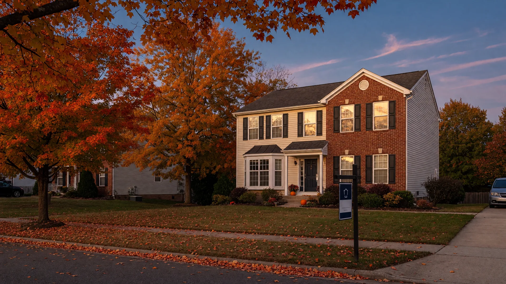 Two-story Triangle-area suburban home in mid-October with autumn maples in full color and a for-sale sign in the yard, the list-now-or-wait-for-spring decision Triangle sellers face in fall 2026