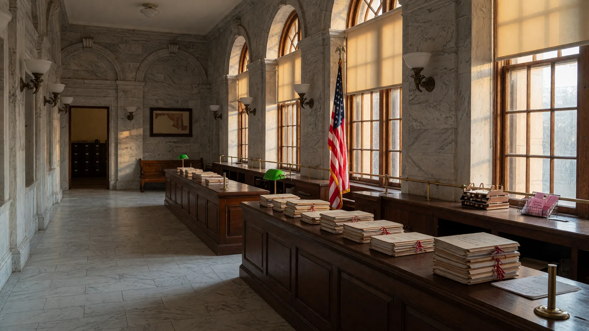 The dignified, sunlit interior of the Montgomery County Register of Wills office in Rockville, Maryland, with marble corridors, arched doorways, and dark wood counters