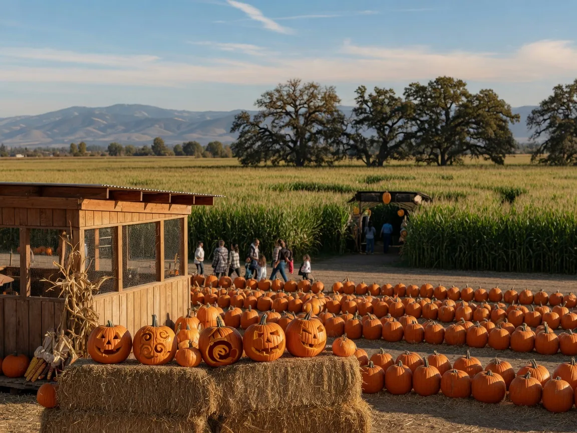 A Central Valley pumpkin patch in Turlock on a sunny October afternoon, rows of pumpkins on hay bales beside a wooden farm stand with a tall green corn maze behind