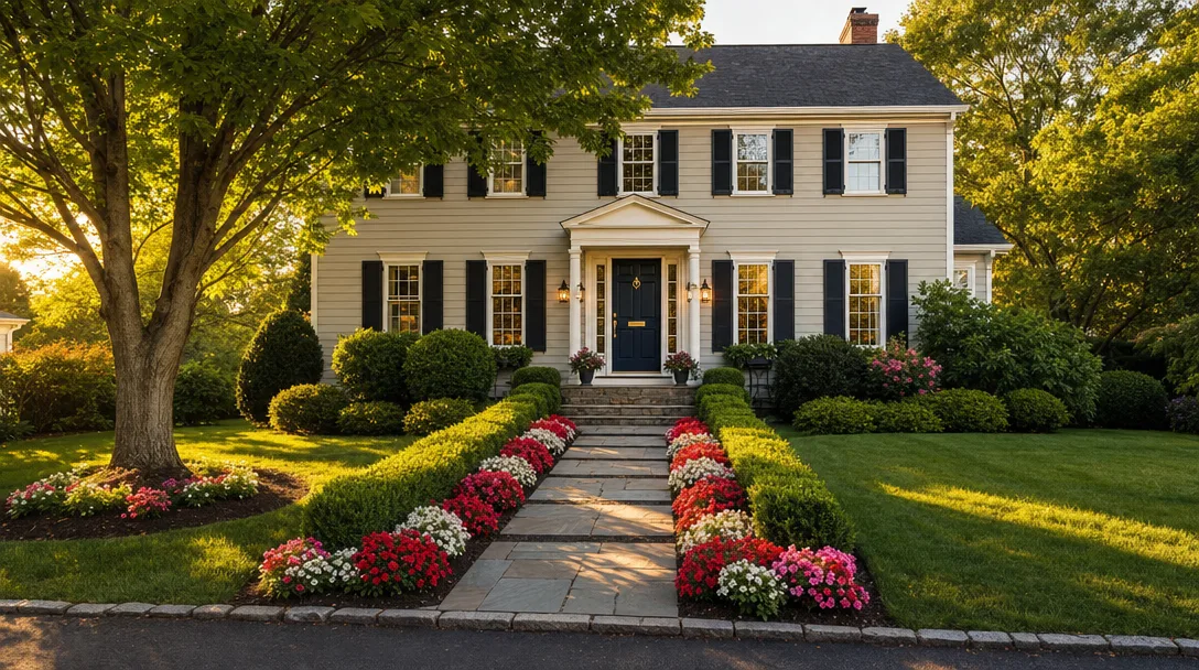 Well-maintained colonial home exterior with manicured lawn, flower beds, and a navy blue front door with brass hardware at golden hour