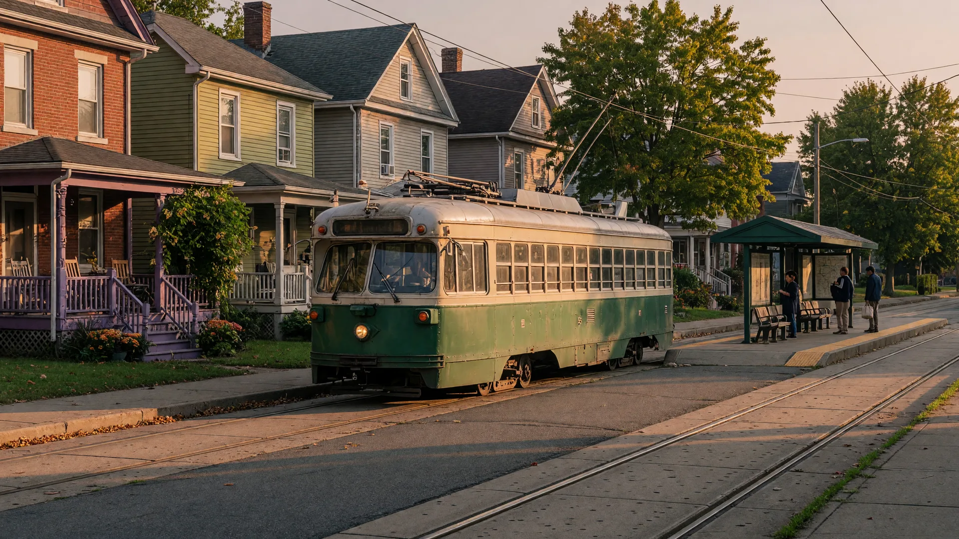 SEPTA Route 102 trolley waiting at its street-level terminus in Sharon Hill, Pennsylvania, with Victorian twin homes on a leafy street in warm September evening light