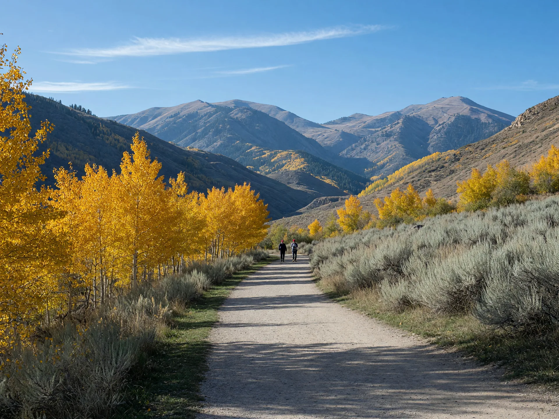 A sunlit walking path through a Utah mountain valley in late morning