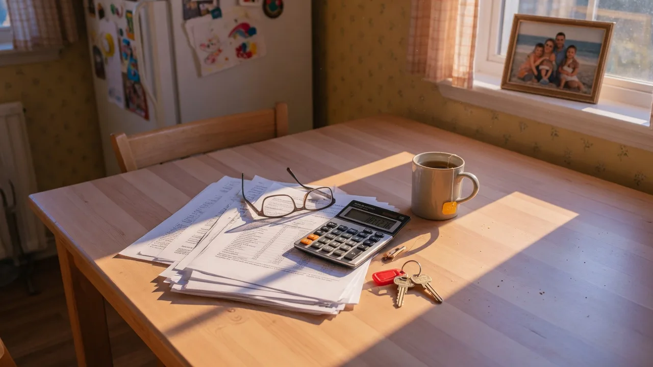 Financial documents, a calculator and a house key on a wooden kitchen table in warm afternoon light
