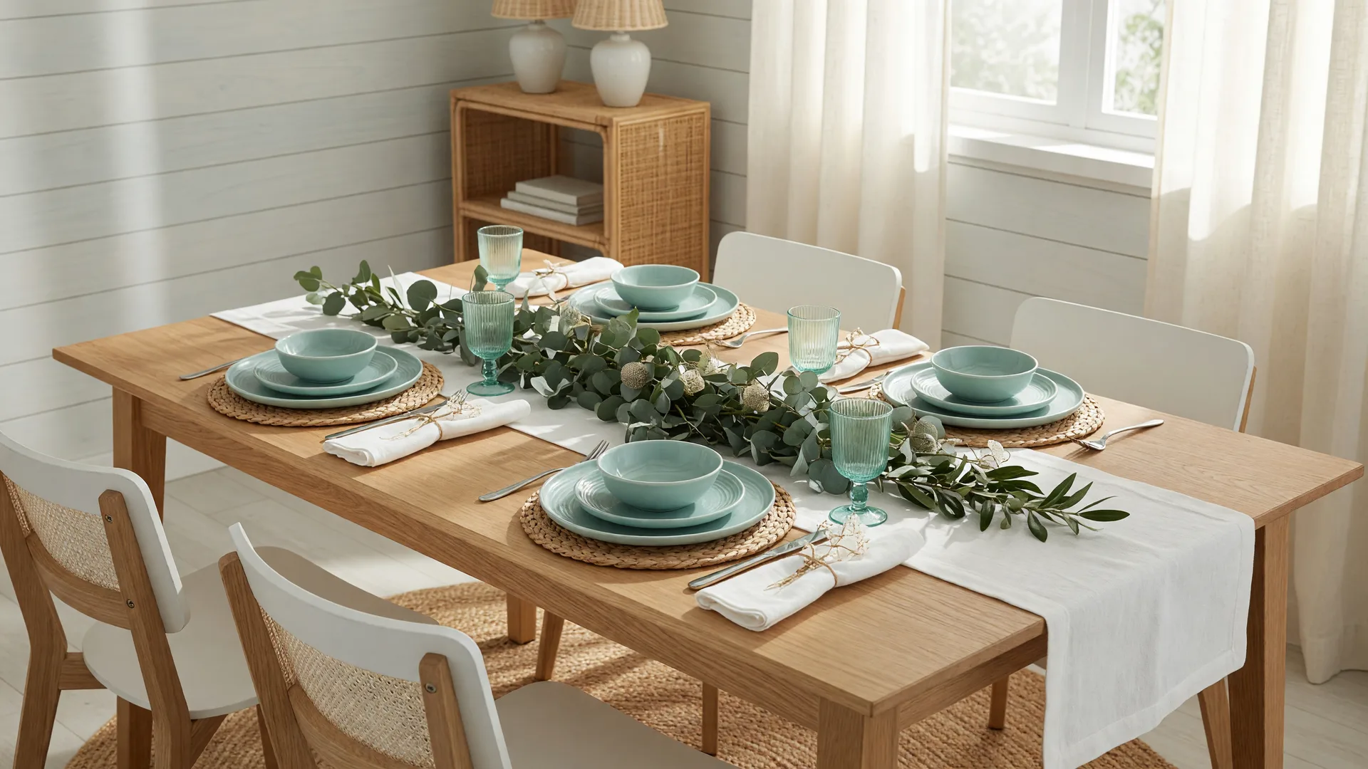 Elegant staged dining area with eucalyptus centerpiece