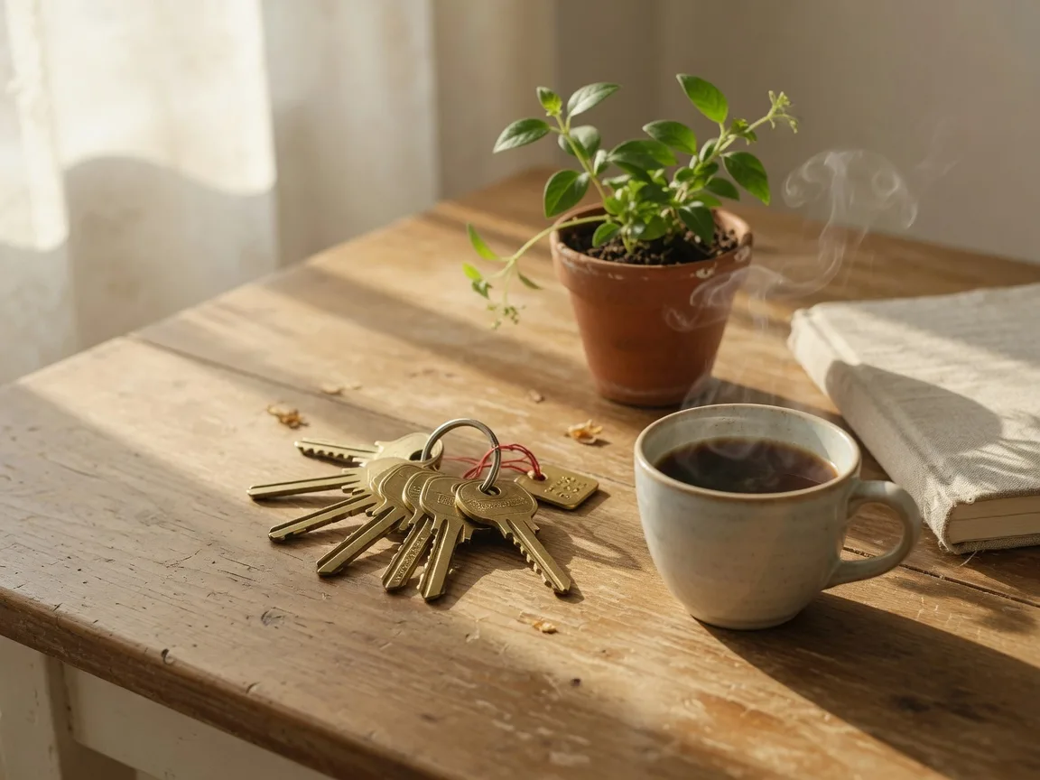 House keys on a wooden table beside a potted plant and a cup of coffee