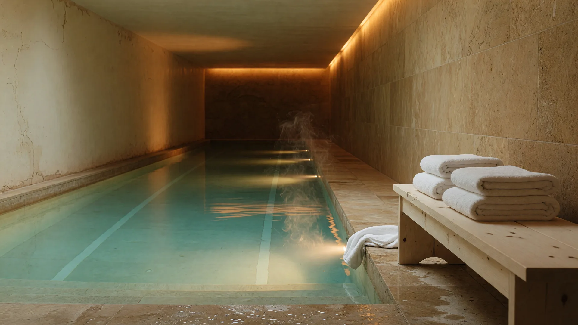 A serene underground hotel lap pool in warm honey-toned stone, still turquoise water, amber cove lighting, and folded white towels at the edge