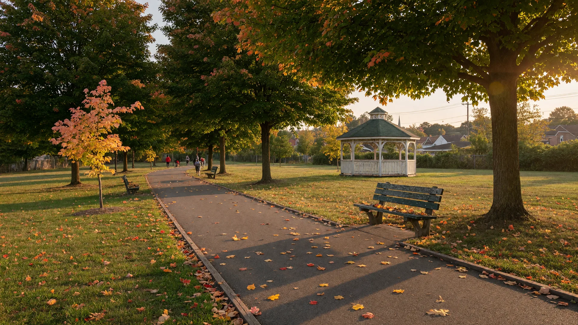 Early fall light on a rail trail path through a Lehigh Valley park