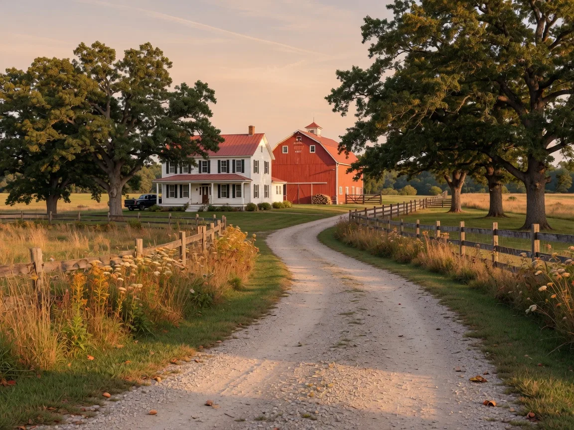 White farmhouse with a red barn and long gravel driveway in the North Bay